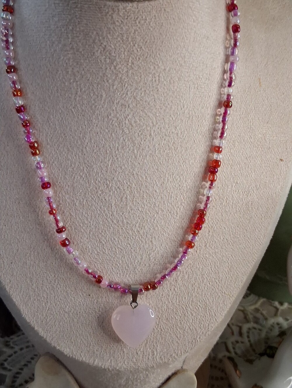 Beaded Pink Heart Pendant Necklace - Women's Jewelry